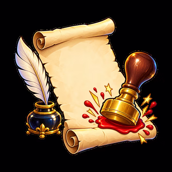 A parchment decree with a quill and a wax seal stamp